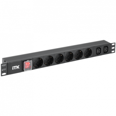 Фотография товара 'ITK PH12-6D2C133 PDU 6 розеток нем. ст. + 2 С13 LED 1U вх. С14 алюмин.'